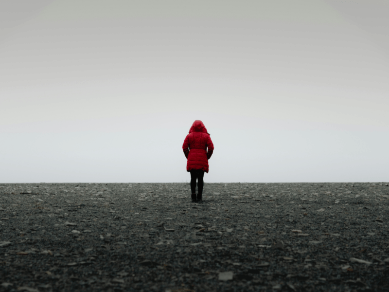 a person in a red coat standing on a rocky surface